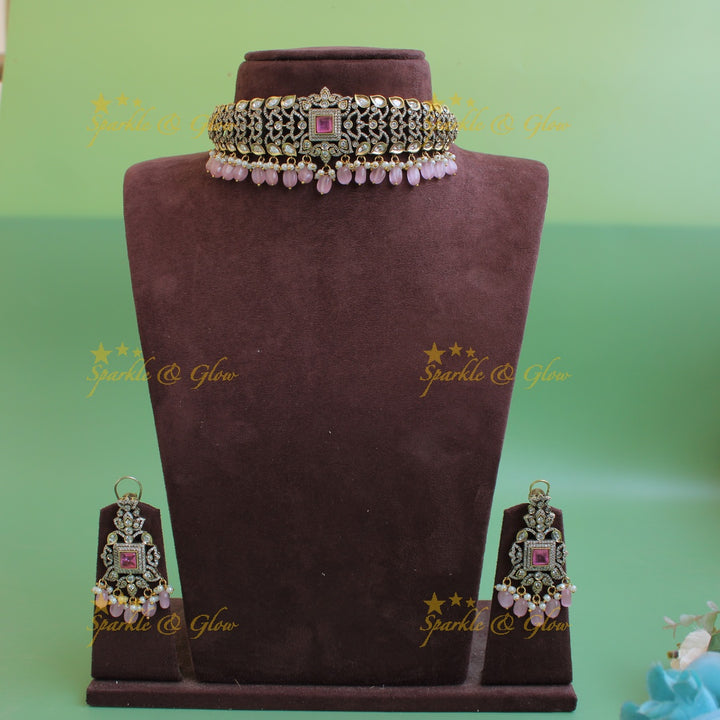 Stunning floral leaf design Victorian AD choker with baby pink beads and stone