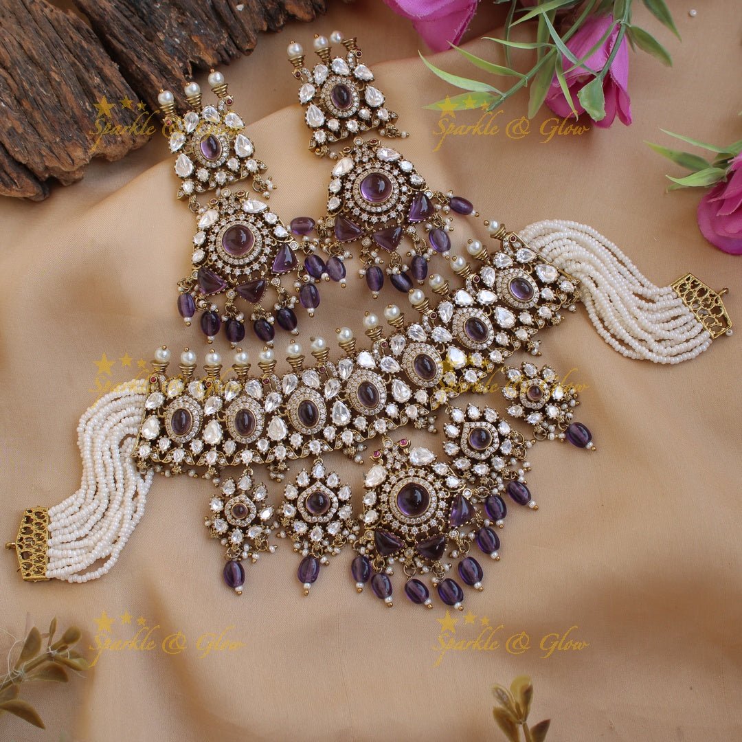 Statement Floral Peacock design Victorian AD choker with multi layer pearls teal beads and stones - Sparkle and Glow - Teal - Back Thread