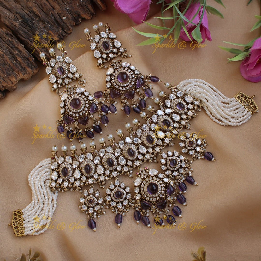 Statement Floral Peacock design Victorian AD choker with multi layer purple beads and stones - Sparkle and Glow - Back Thread - 