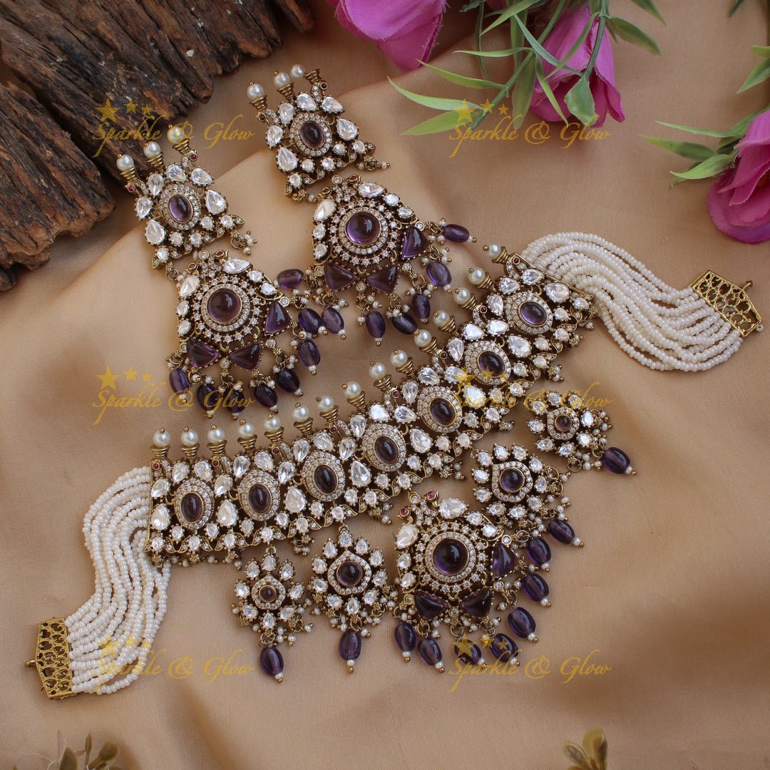 Statement Floral Peacock design Victorian AD choker with multi layer pearls teal beads and stones - Sparkle and Glow - Mintgreen - Back Thread