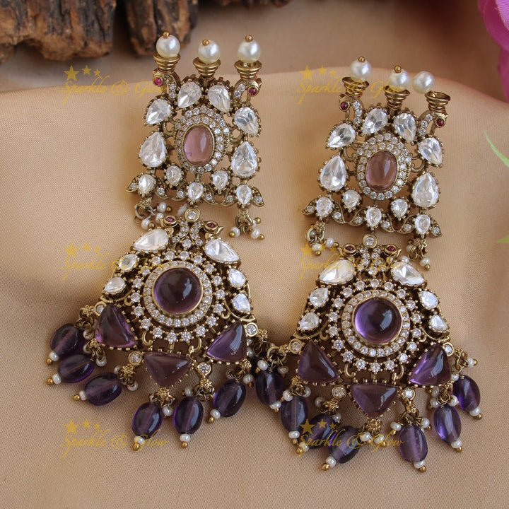 Statement Floral Peacock design Victorian AD choker with multi layer pearls teal beads and stones - Sparkle and Glow - Purple - Back Thread