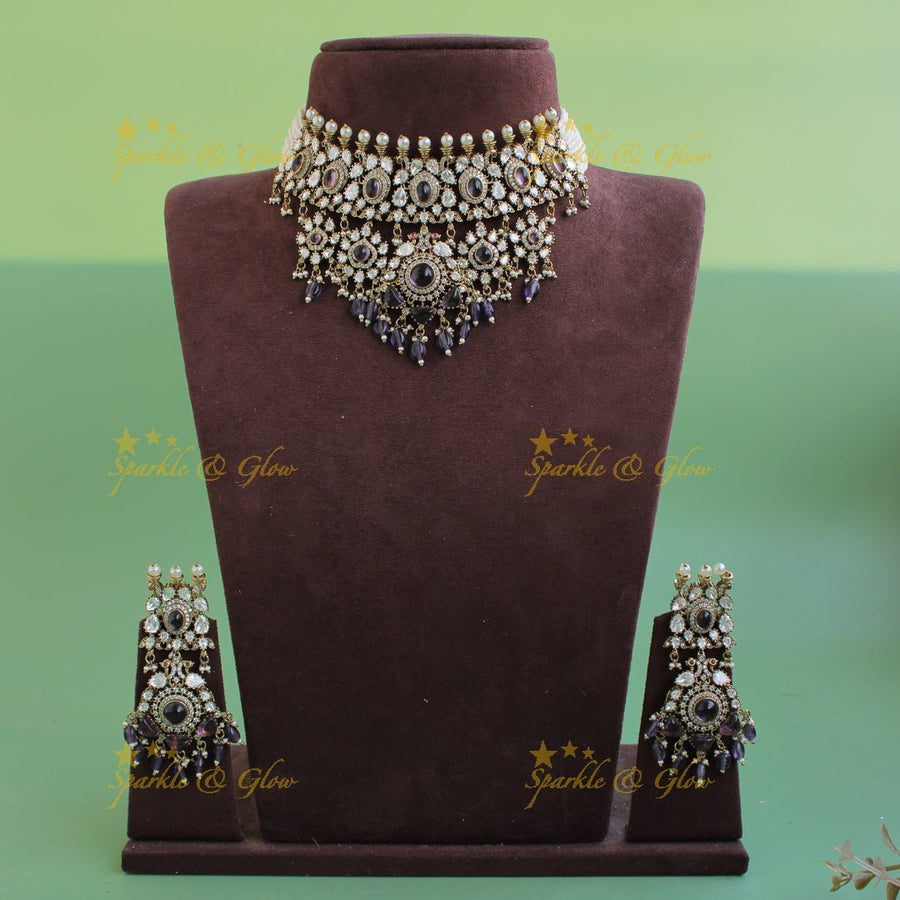 Statement Floral Peacock design Victorian AD choker with multi layer purple beads and stones - Sparkle and Glow - Back Thread - 