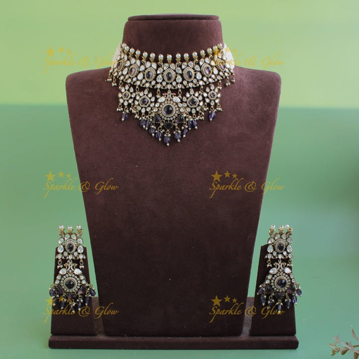 Statement Floral Peacock design Victorian AD choker with multi layer pearls teal beads and stones - Sparkle and Glow - Mintgreen - Back Thread