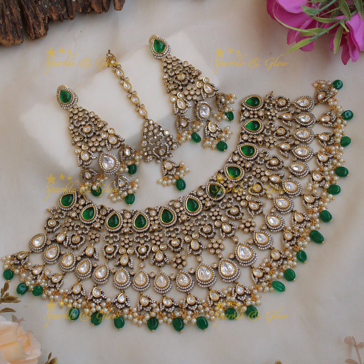 Grand intricate Bridal floral design Victorian AD choker  with maang tikka -Purple