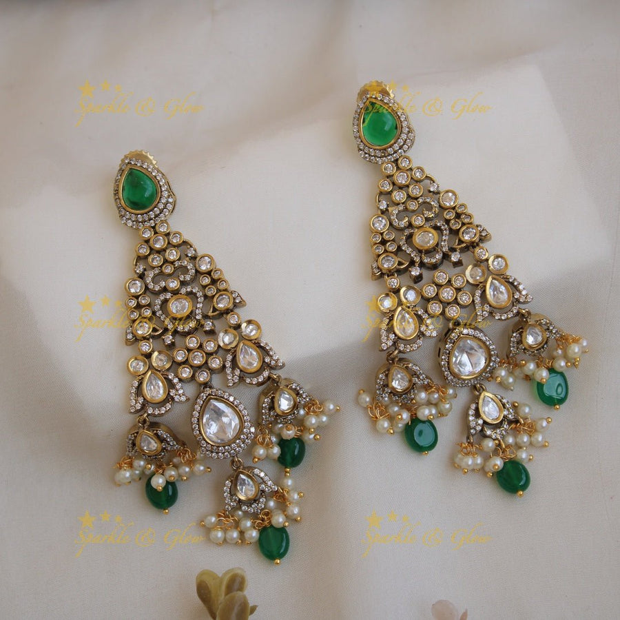Grand intricate Bridal floral design Victorian AD choker with pearl emerald and green beads with maang tikka - Sparkle and Glow - Back Thread - 