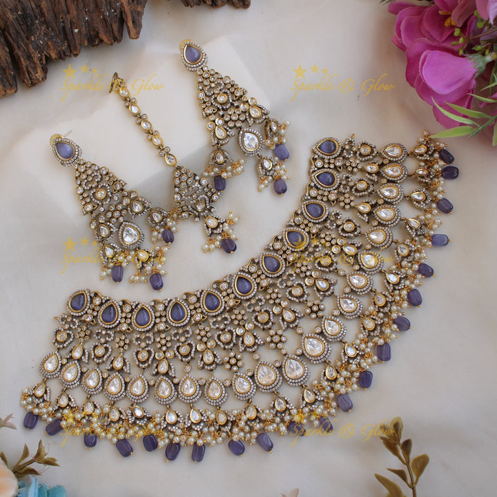 Grand intricate Bridal floral design Victorian AD choker  with maang tikka -Purple