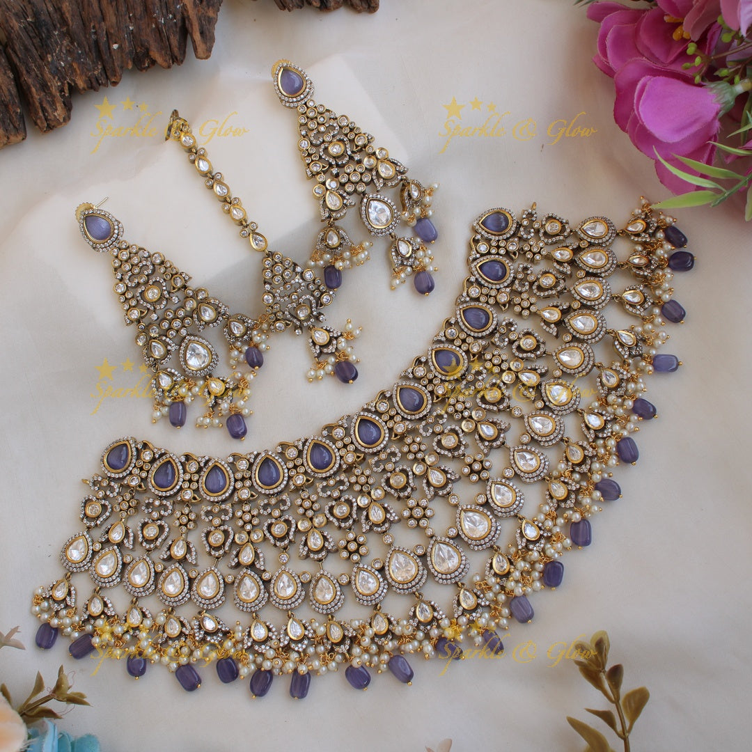 Grand intricate Bridal floral design Victorian AD choker  with maang tikka -Purple