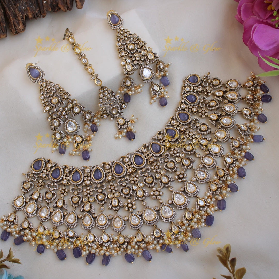 Grand intricate Bridal floral design Victorian AD choker  with maang tikka -Purple