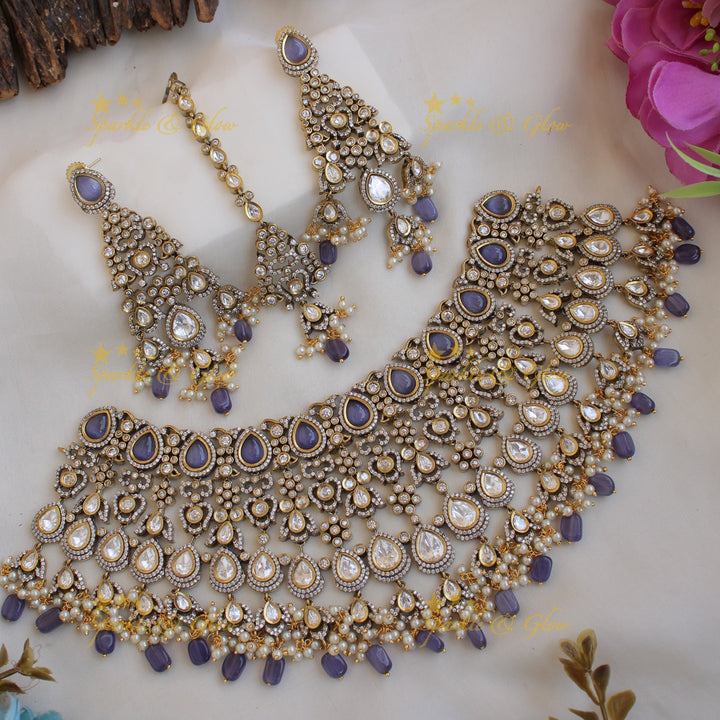 Grand intricate Bridal floral design Victorian AD choker  with maang tikka -Purple