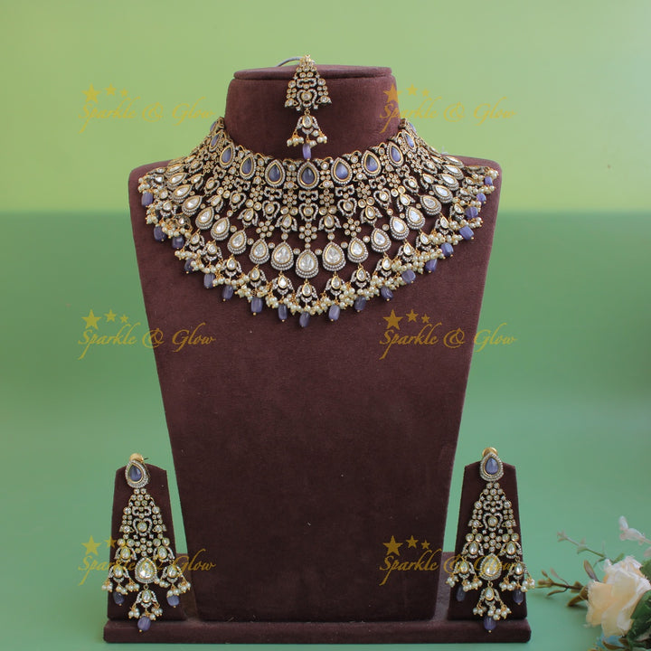 Grand intricate Bridal floral design Victorian AD choker  with maang tikka -Purple