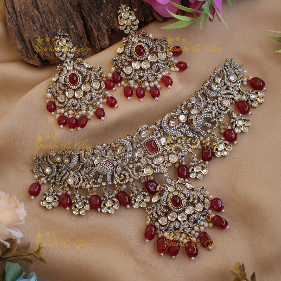 Beautiful Peacock elephant design Victorian AD choker with mint green beads and stones