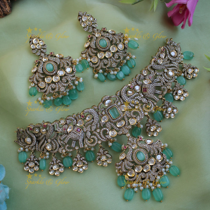 Beautiful Peacock elephant design Victorian AD choker with mint green beads and stones