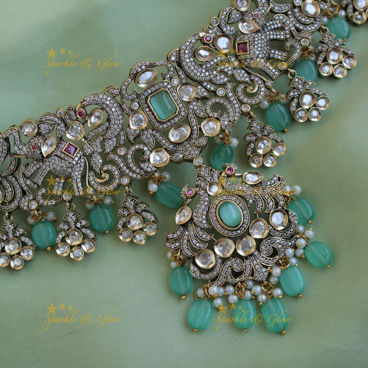 Beautiful Peacock elephant design Victorian AD choker with mint green beads and stones