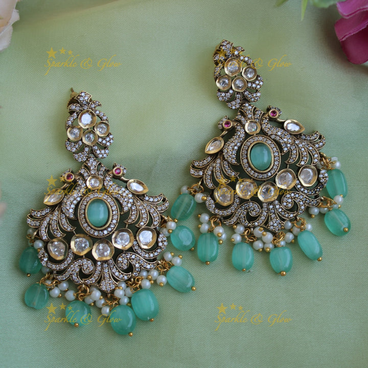 Beautiful Peacock elephant design Victorian AD choker with mint green beads and stones