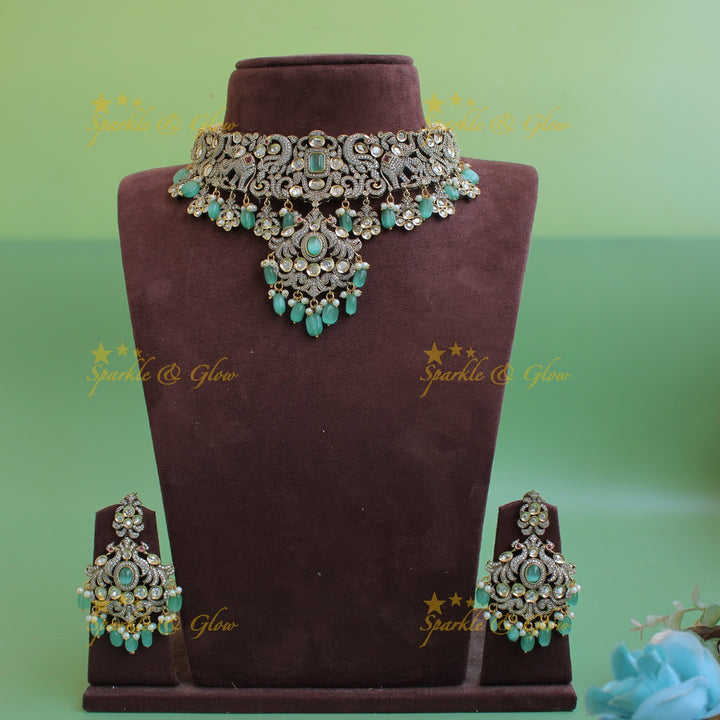 Beautiful Peacock elephant design Victorian AD choker with mint green beads and stones