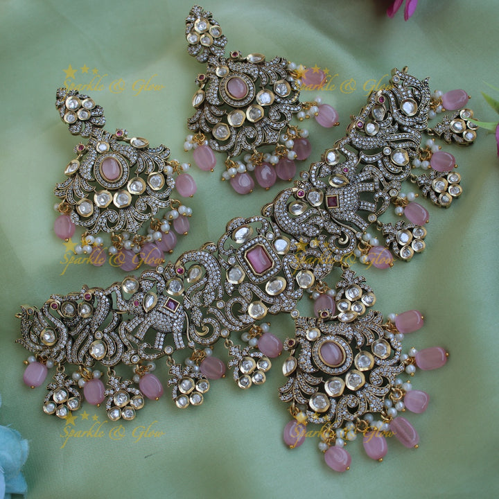 Beautiful Peacock elephant design Victorian AD choker with mint green beads and stones