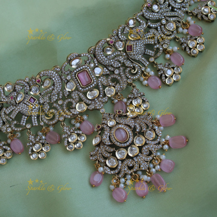 Beautiful Peacock elephant design Victorian AD choker with beads and stones