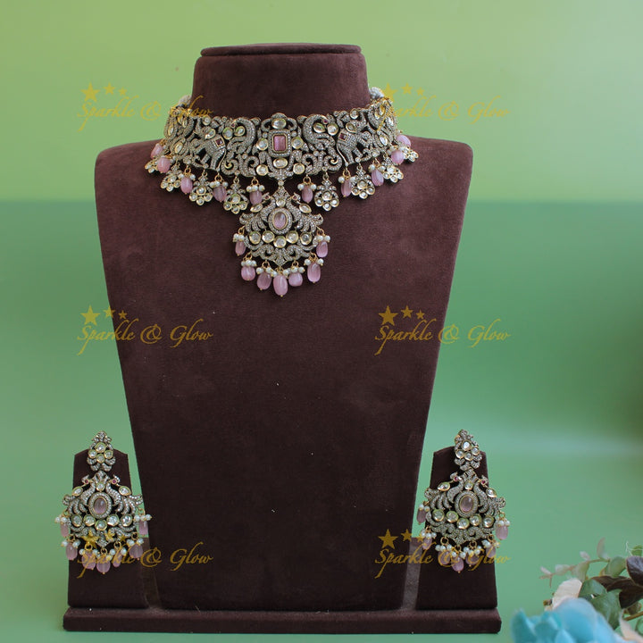 Beautiful Peacock elephant design Victorian AD choker with beads and stones