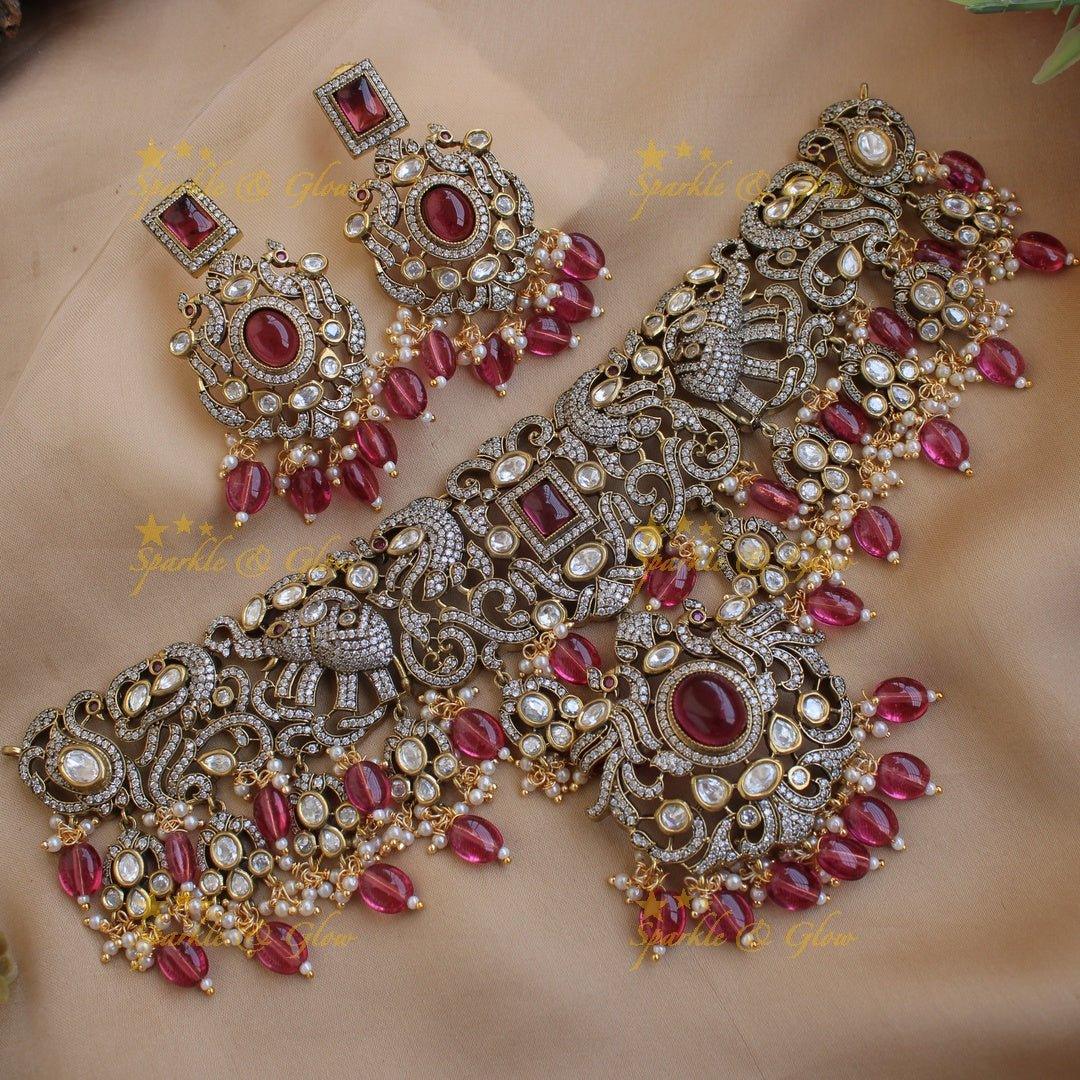 Beautiful Peacock elephant design Victorian AD choker with pink beads and stones - Sparkle and Glow