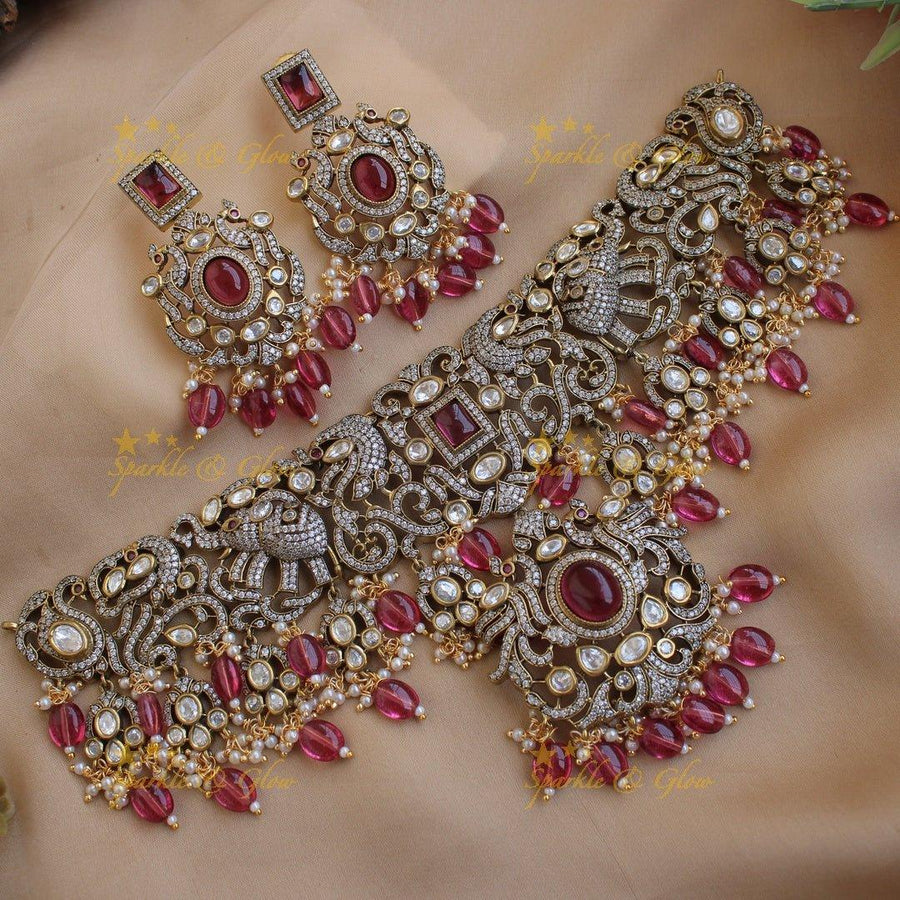 Beautiful Peacock elephant design Victorian AD choker with pink beads and stones - Sparkle and Glow