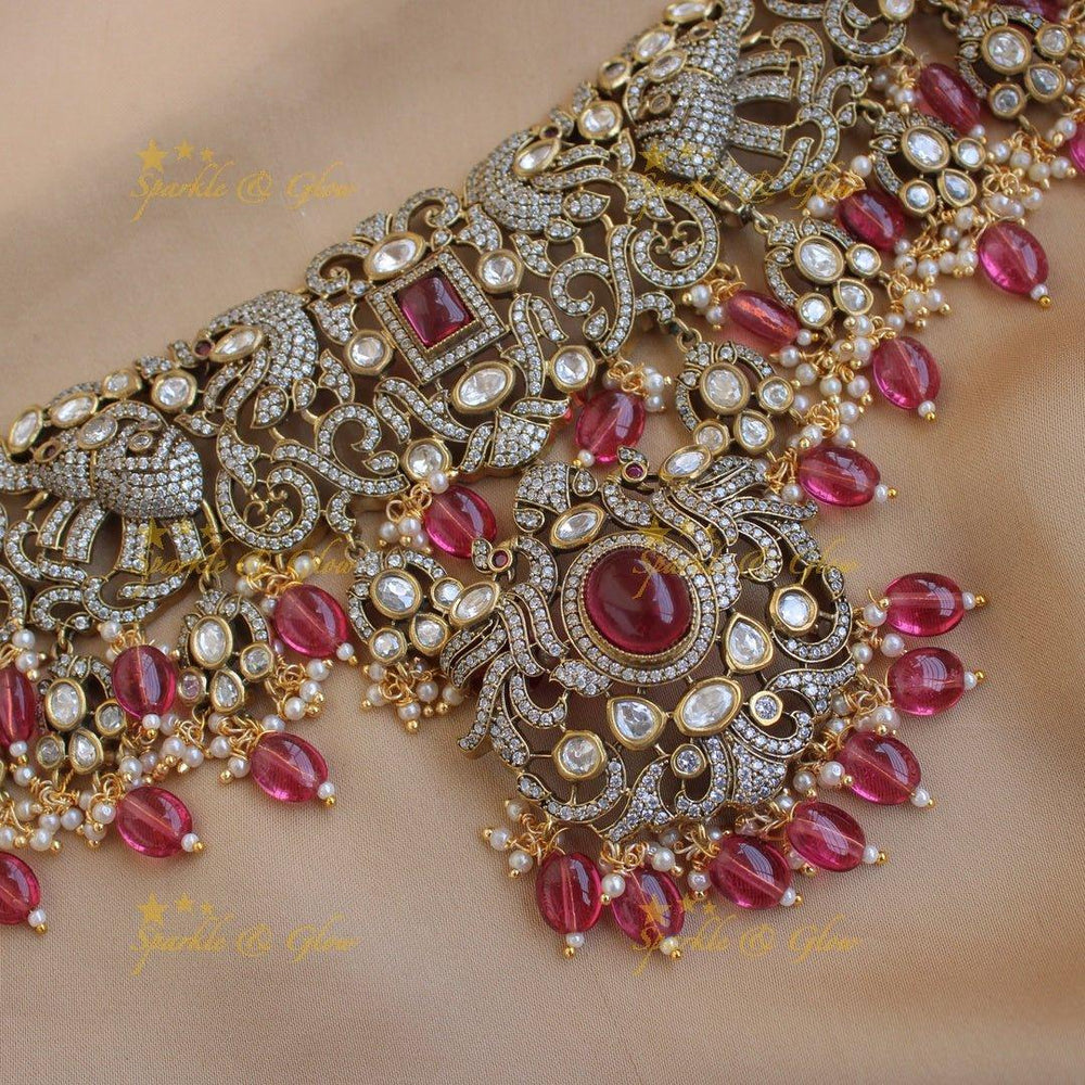 Beautiful Peacock elephant design Victorian AD choker with pink beads and stones - Sparkle and Glow