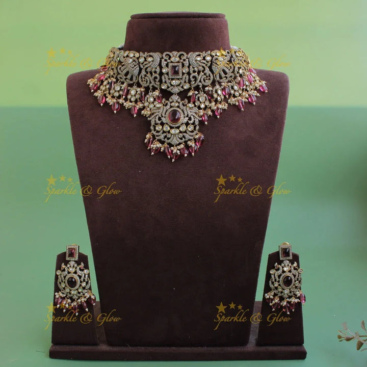 Beautiful Peacock elephant design Victorian AD choker with pink beads and stones - Sparkle and Glow