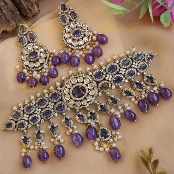 Stunning floral design Victorian AD choker with purple beads and stone - Sparkle and Glow
