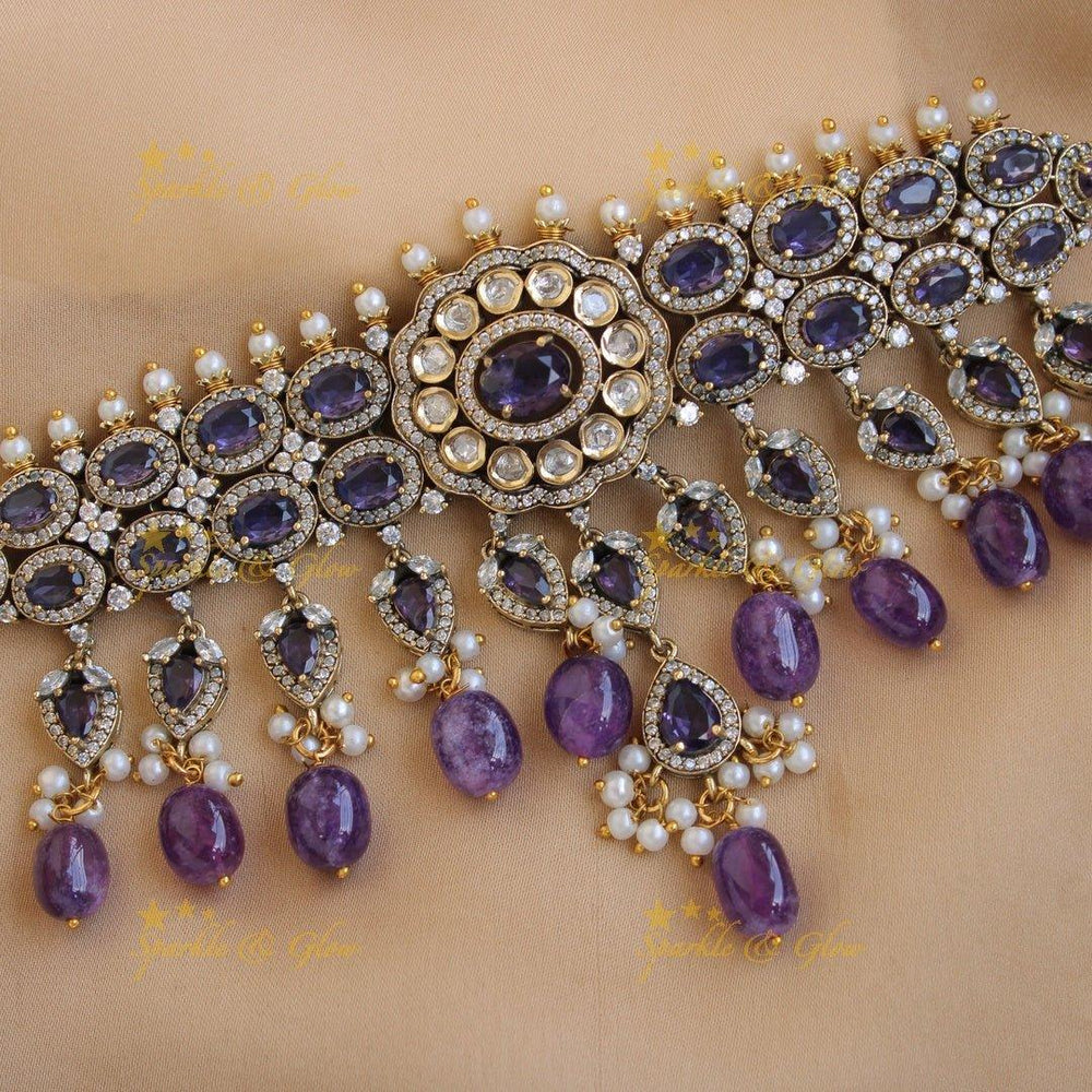 Stunning floral design Victorian AD choker with purple beads and stone - Sparkle and Glow