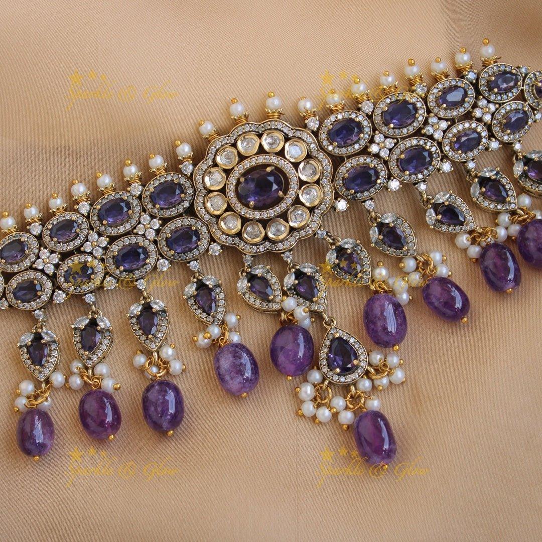 Stunning floral design Victorian AD choker with purple beads and stone - Sparkle and Glow