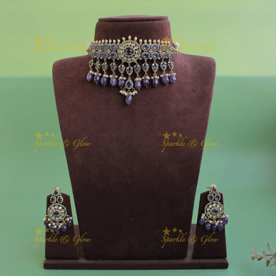 Stunning floral design Victorian AD choker with purple beads and stone - Sparkle and Glow