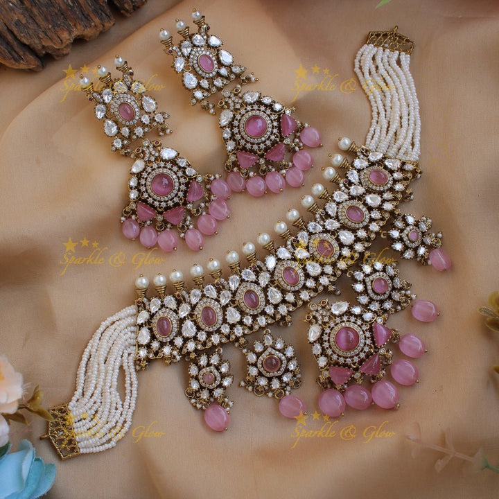 Statement Floral Peacock design Victorian AD choker with multi layer pearls teal beads and stones - Sparkle and Glow - Babypink - Back Thread