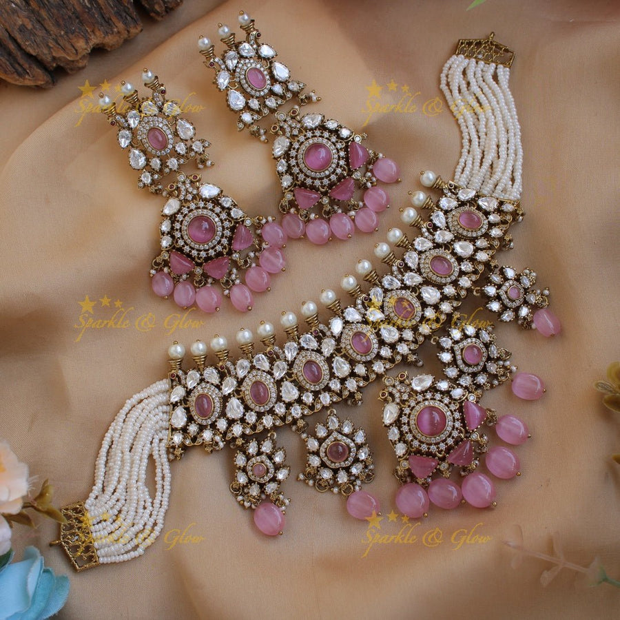 Statement Floral Peacock design Victorian AD choker with multi layer pearls teal beads and stones - Sparkle and Glow - Babypink - Back Thread