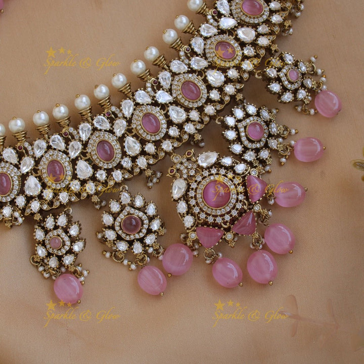 Statement Floral Peacock design Victorian AD choker with multi layer pearls teal beads and stones - Sparkle and Glow - Teal - Back Thread