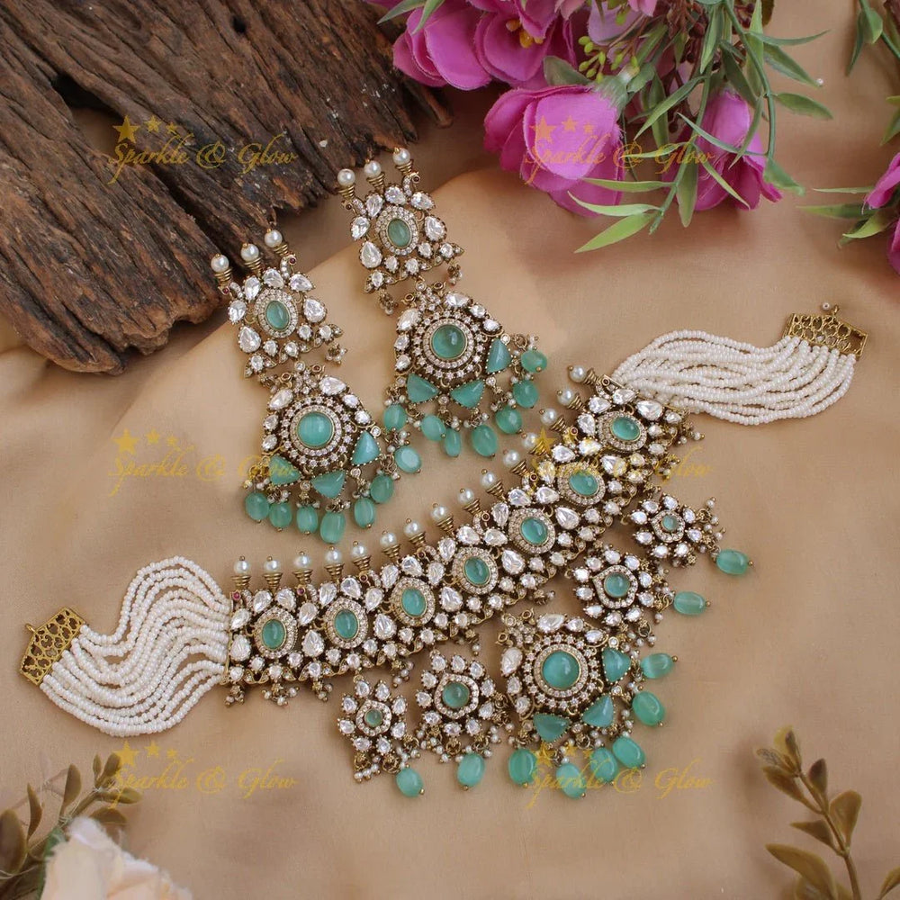 Statement Floral Peacock design Victorian AD choker with multi layer pearls teal beads and stones - Sparkle and Glow