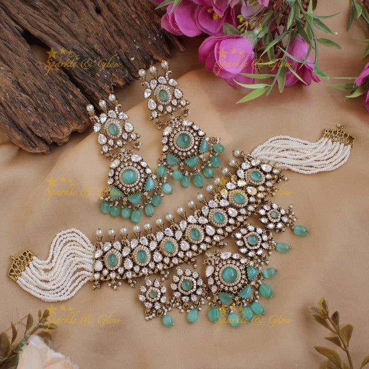 Statement Floral Peacock design Victorian AD choker with multi layer pearls teal beads and stones - Sparkle and Glow - Mintgreen - Back Thread