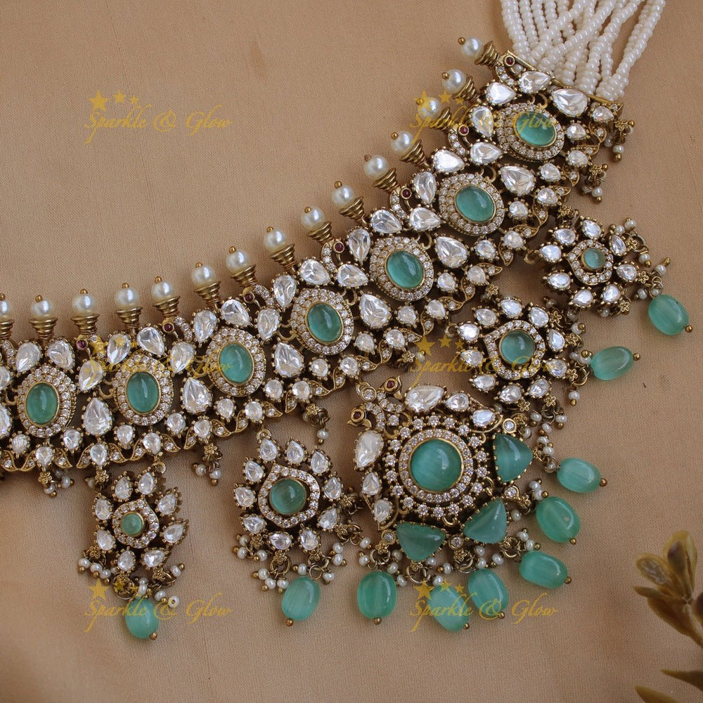 Statement Floral Peacock design Victorian AD choker with multi layer pearls teal beads and stones - Sparkle and Glow - Mintgreen - Back Thread