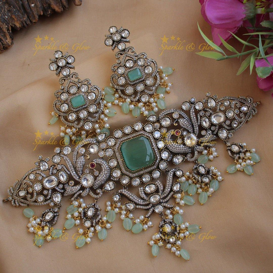 Elegant Peacock floral design Victorian AD choker with mint green beads and stones - Sparkle and Glow