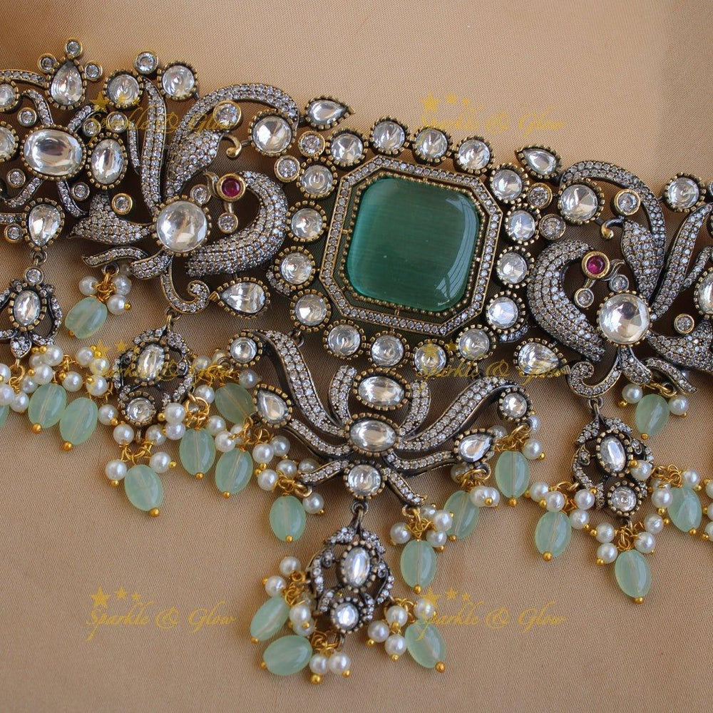 Elegant Peacock floral design Victorian AD choker with mint green beads and stones - Sparkle and Glow
