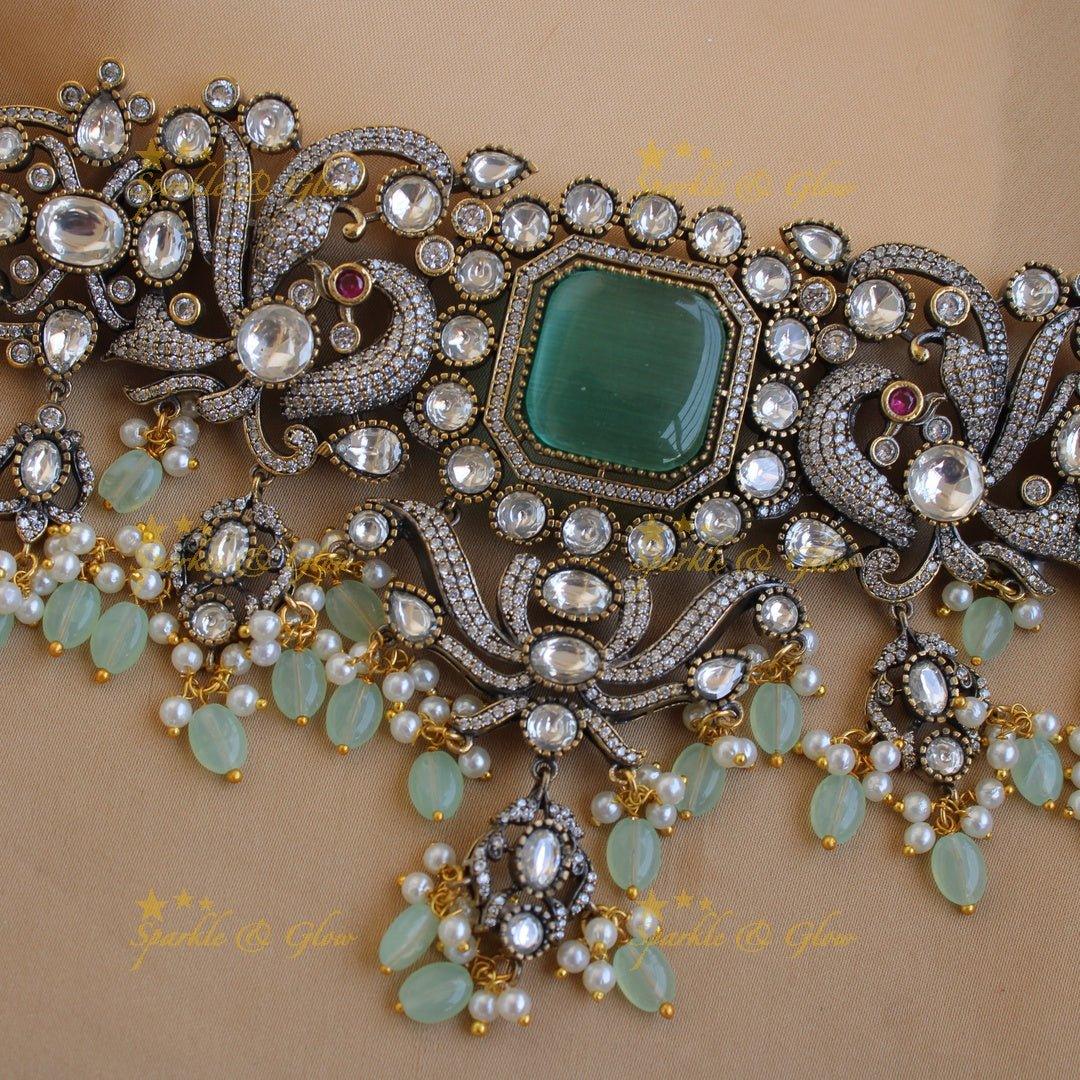 Elegant Peacock floral design Victorian AD choker with mint green beads and stones - Sparkle and Glow