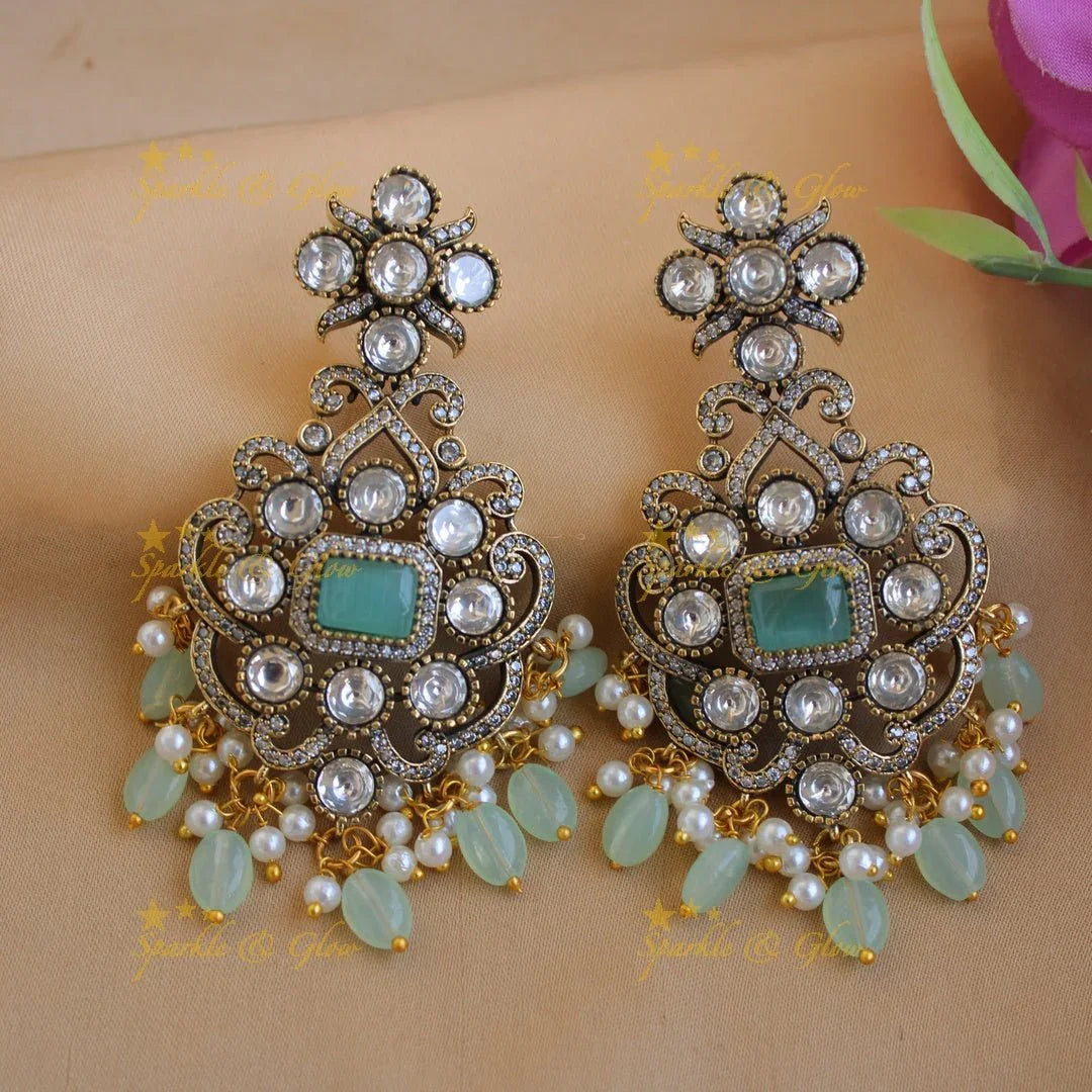 Elegant Peacock floral design Victorian AD choker with mint green beads and stones - Sparkle and Glow