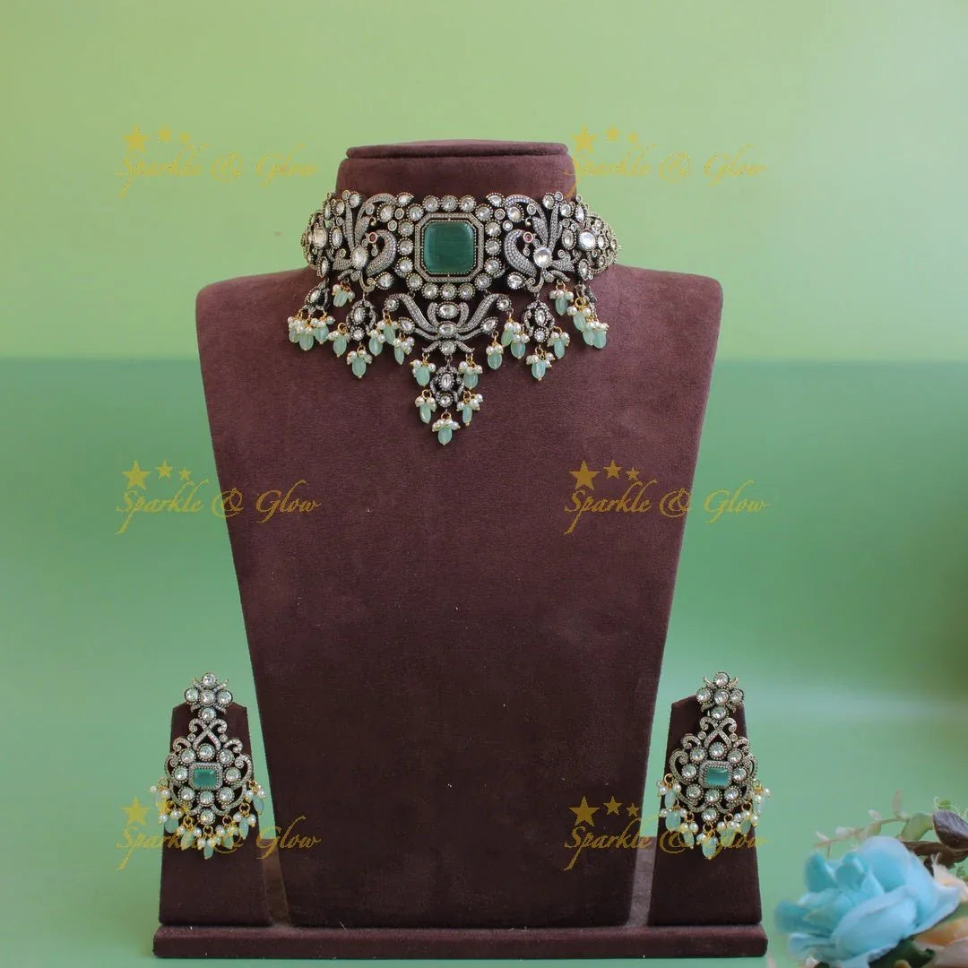 Elegant Peacock floral design Victorian AD choker with mint green beads and stones - Sparkle and Glow