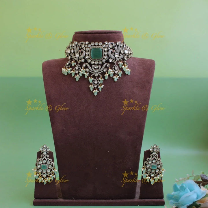 Elegant Peacock floral design Victorian AD choker with mint green beads and stones - Sparkle and Glow