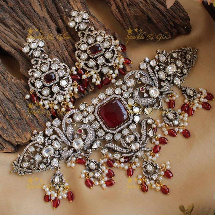 Elegant Peacock floral design Victorian AD choker with maroon beads and stones - Sparkle and Glow