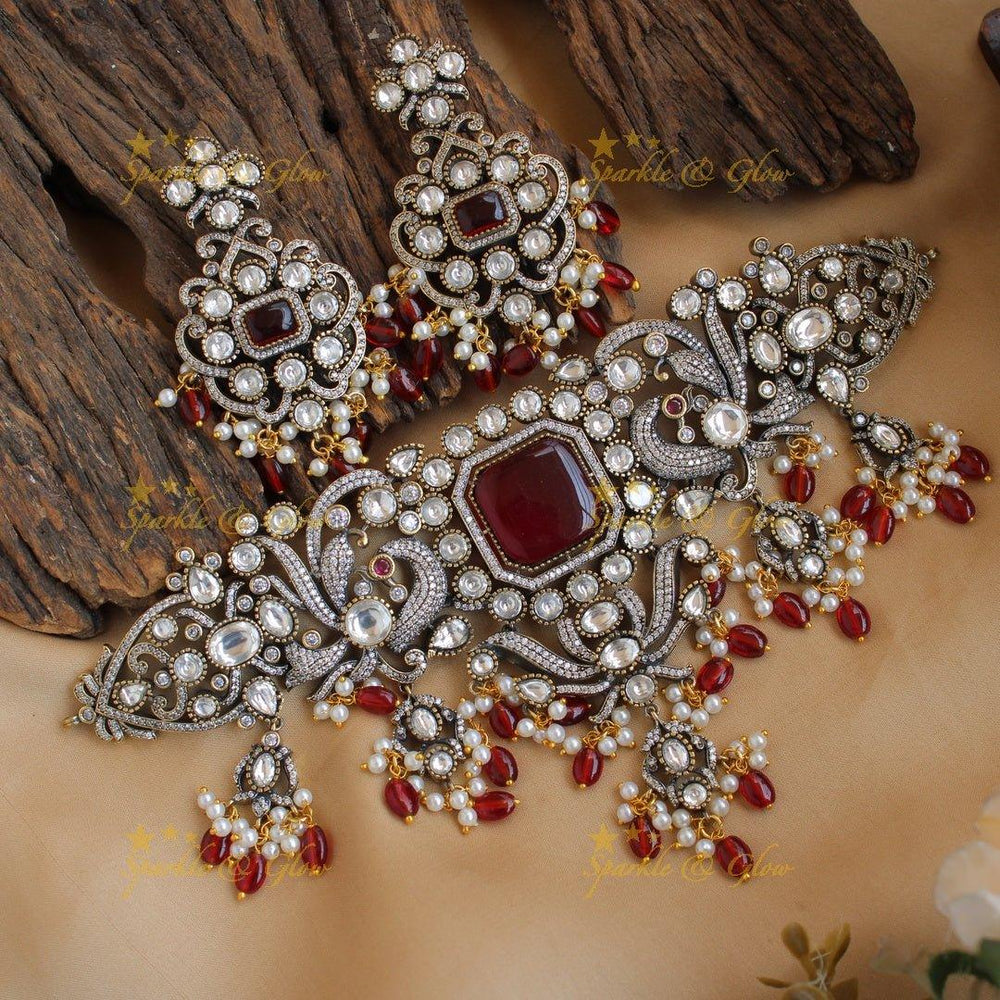 Elegant Peacock floral design Victorian AD choker with maroon beads and stones - Sparkle and Glow