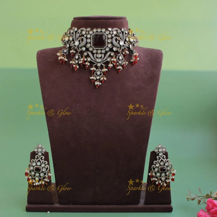 Elegant Peacock floral design Victorian AD choker with maroon beads and stones - Sparkle and Glow