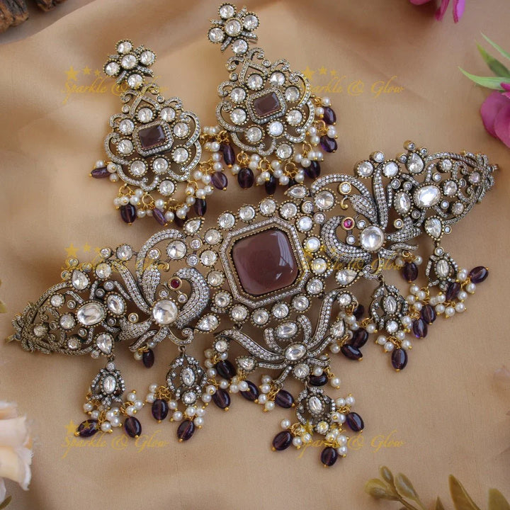 Elegant Peacock floral design Victorian AD choker with purple beads and stones - Sparkle and Glow