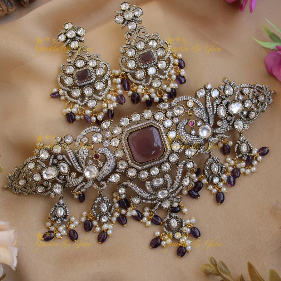 Elegant Peacock floral design Victorian AD choker with purple beads and stones - Sparkle and Glow