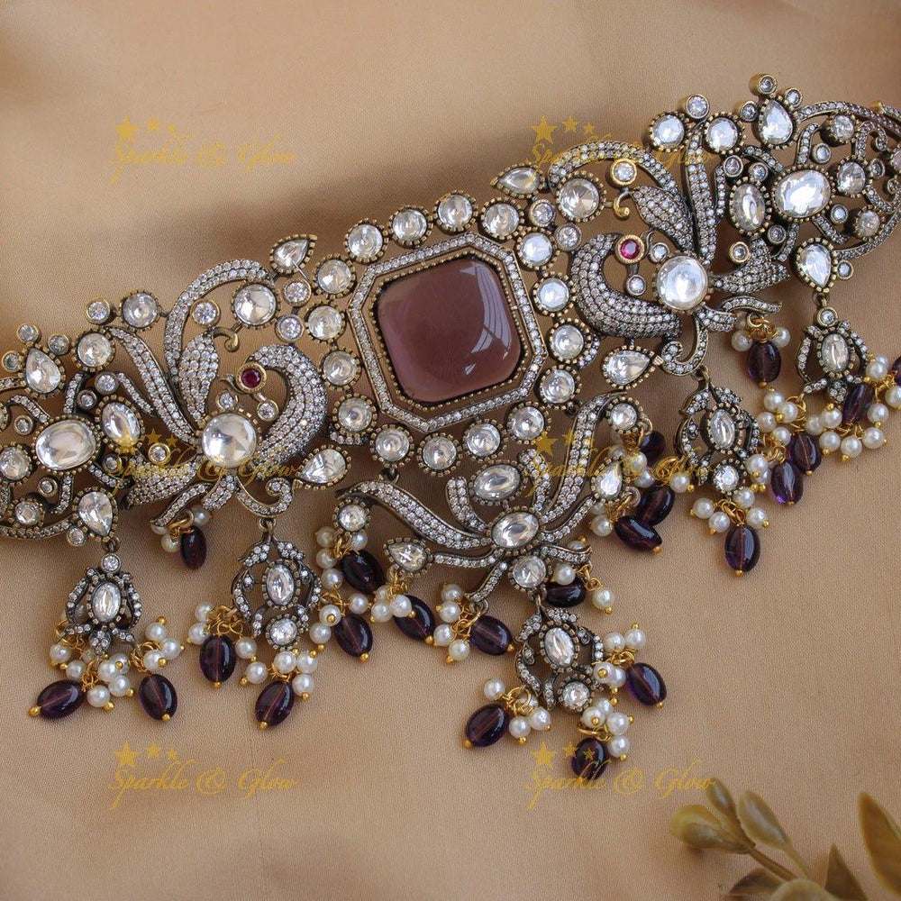 Elegant Peacock floral design Victorian AD choker with purple beads and stones - Sparkle and Glow