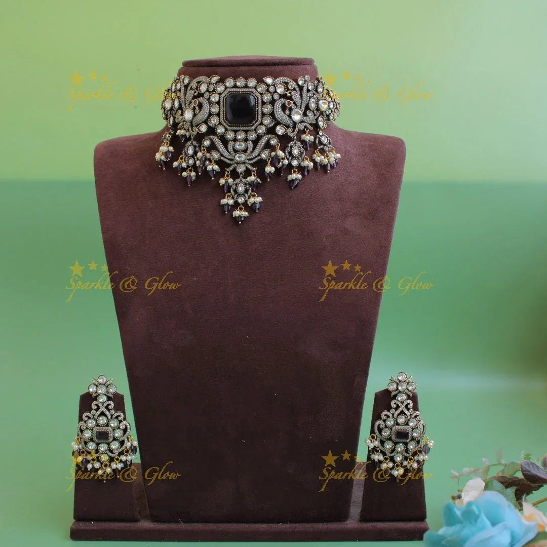 Elegant Peacock floral design Victorian AD choker with purple beads and stones - Sparkle and Glow