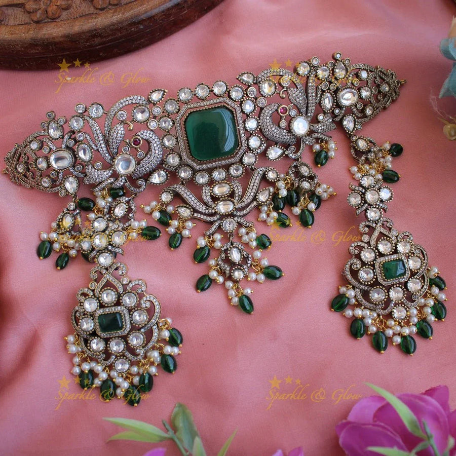 Elegant Peacock floral design Victorian AD choker with green beads and stones - Sparkle and Glow